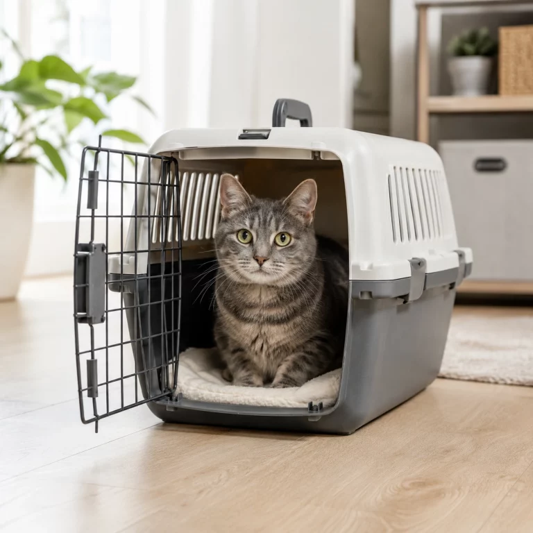 Katze in geöffneter Transportbox vor einem Tierarztbesuch