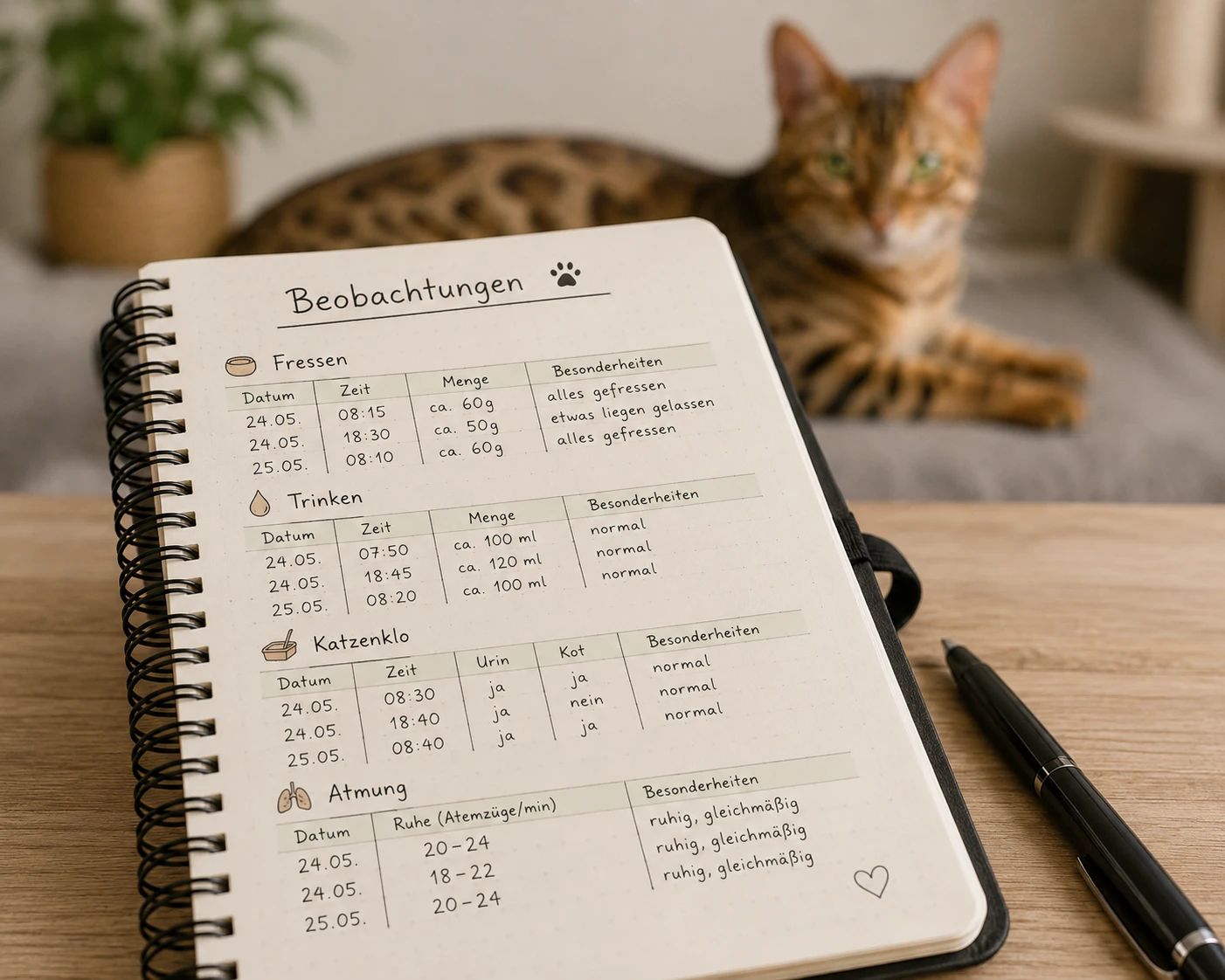 Symptome einer apathischen Katze für den Tierarzt notieren