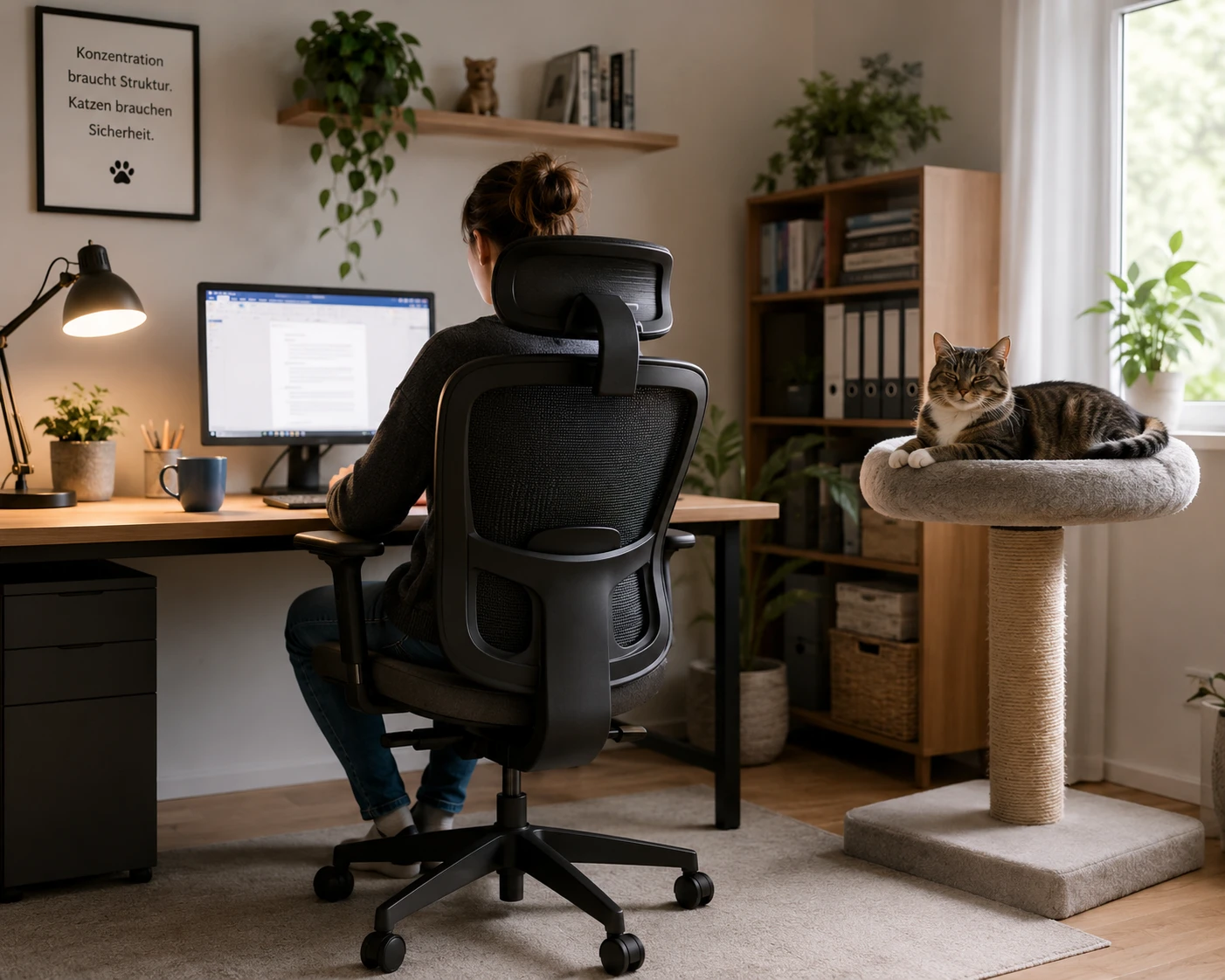 Katze im Arbeitszimmer neben Bürostuhl und Alternativplatz