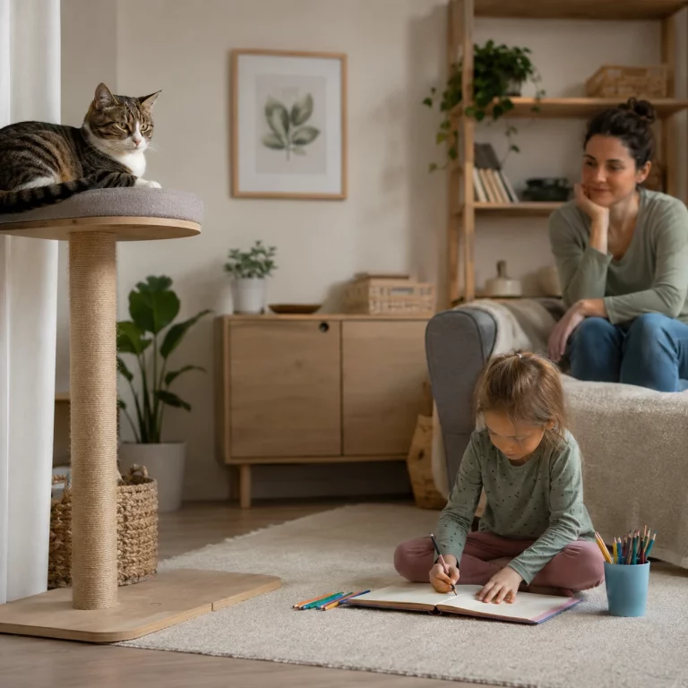 Katze und Kind mit sicherem Abstand und aktiver Aufsicht