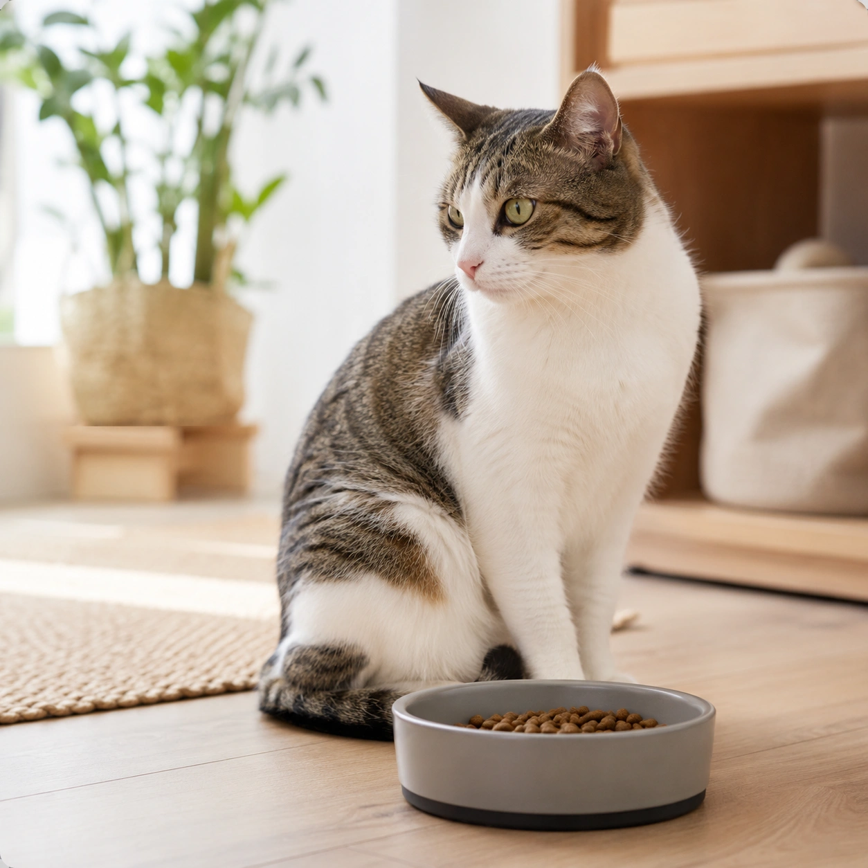 Katze frisst nicht und sitzt neben dem Futternapf