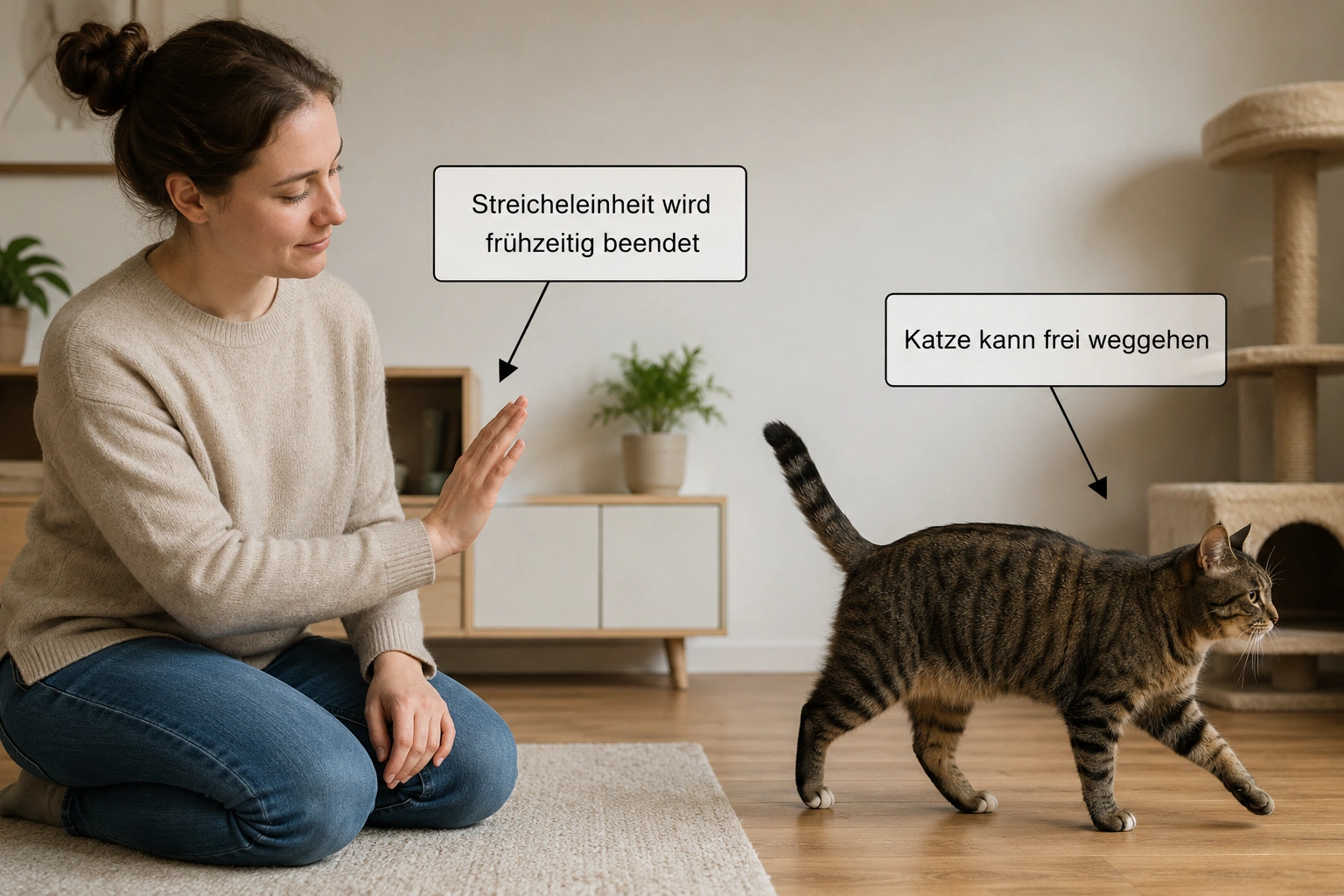 Katze hebt beim Streicheln die Pfote als Stoppsignal