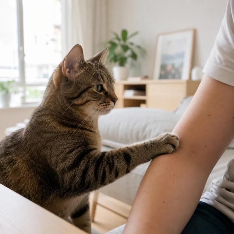 Katze berührt einen Menschen mit der Pfote