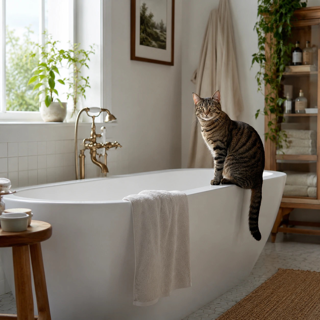 Katze an der Badewanne als möglicher Ausweichort