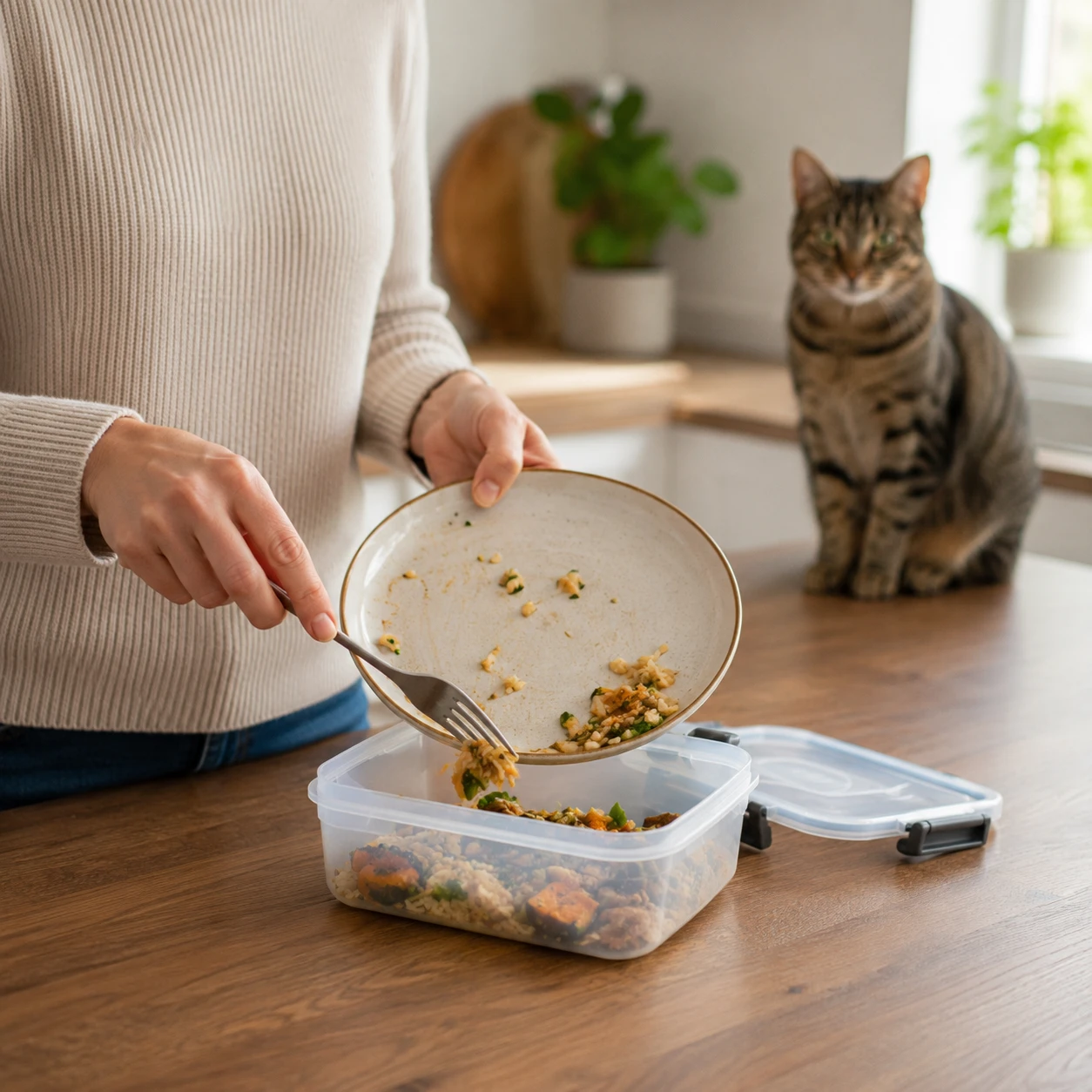 Katze klaut Essen nicht, wenn der Tisch ruhig gesichert ist