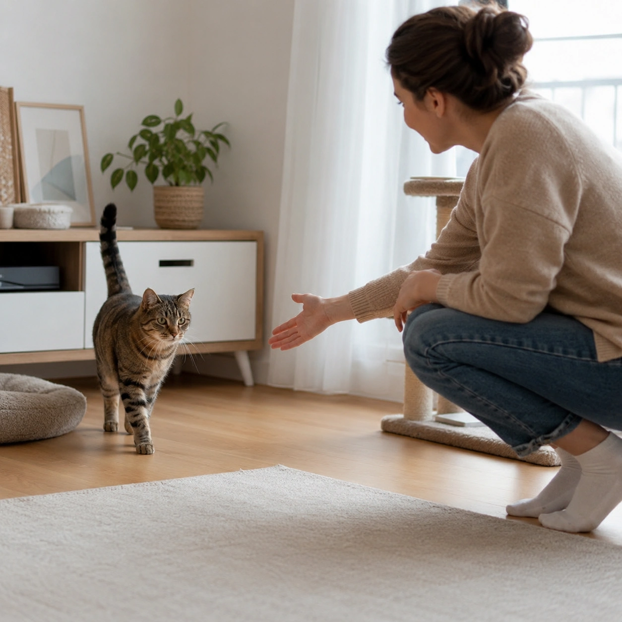 Katze kommt beim freundlichen Rückruf zur Halterin
