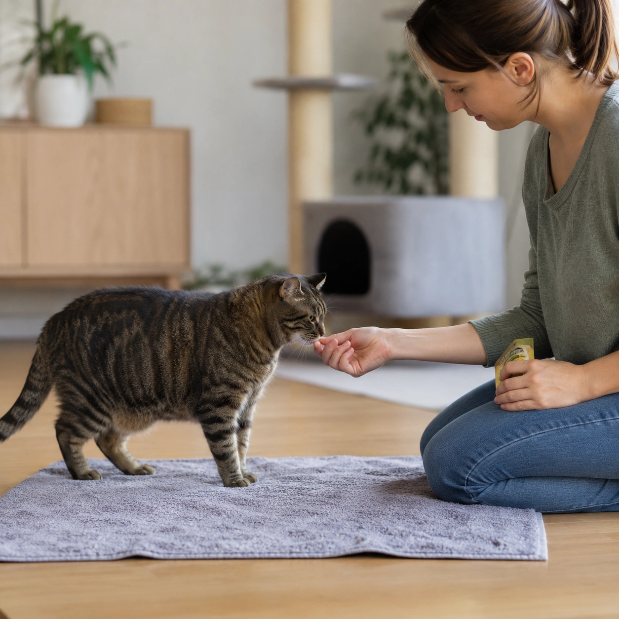 Katze beim stressarmen Medical Training zu Hause