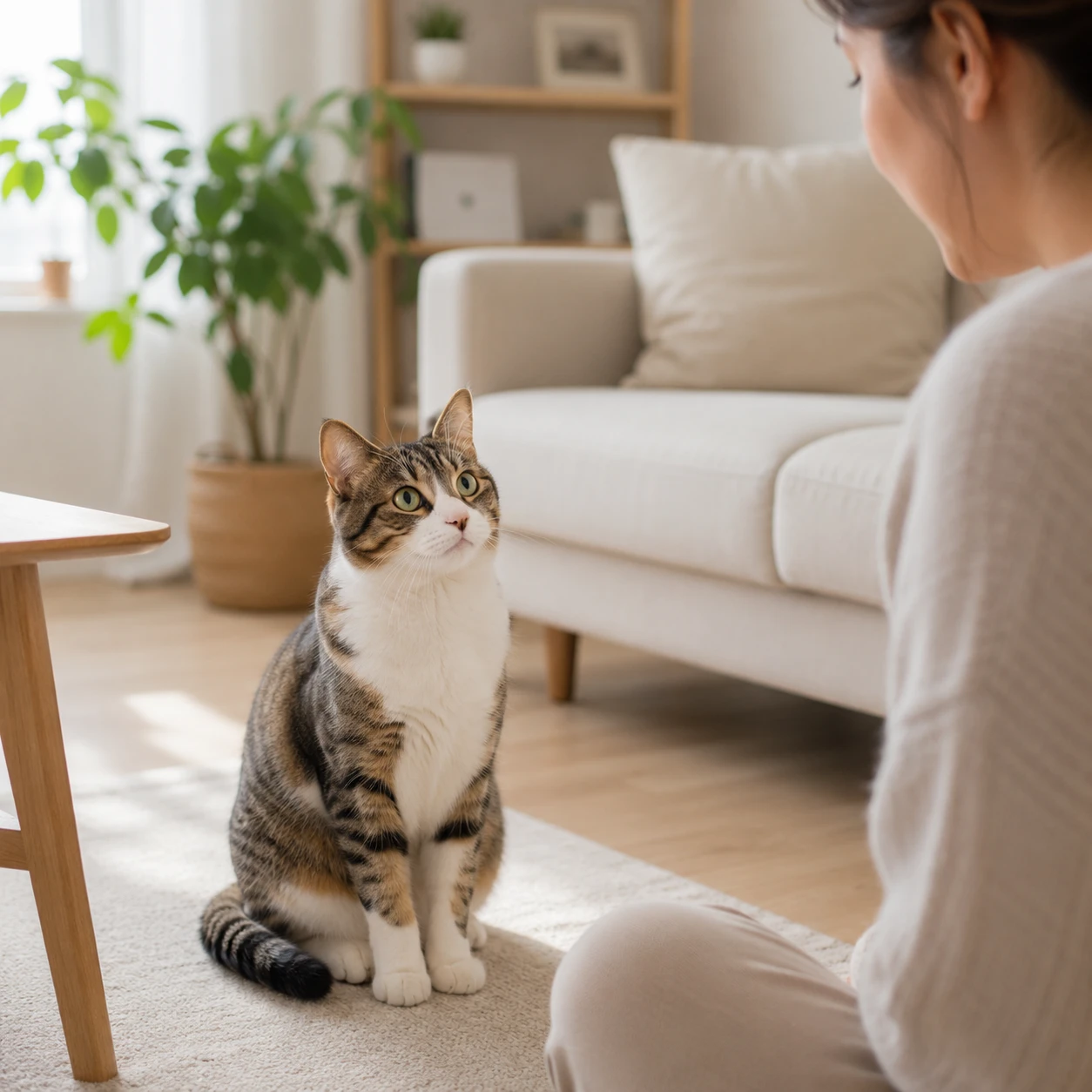 Katze miaut im Wohnzimmer und sucht Kontakt