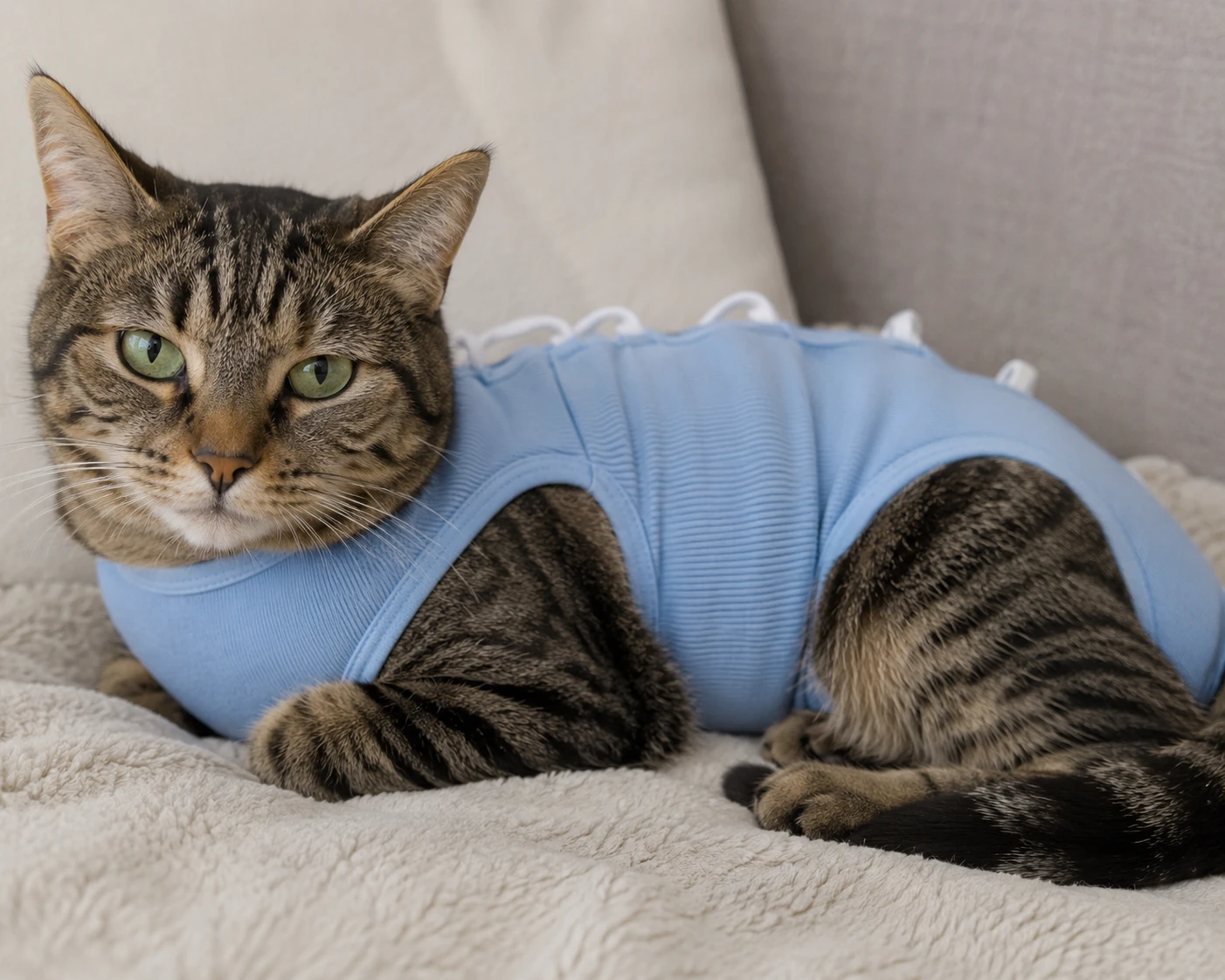 Katze mit OP-Body zum Wundschutz nach der Kastration