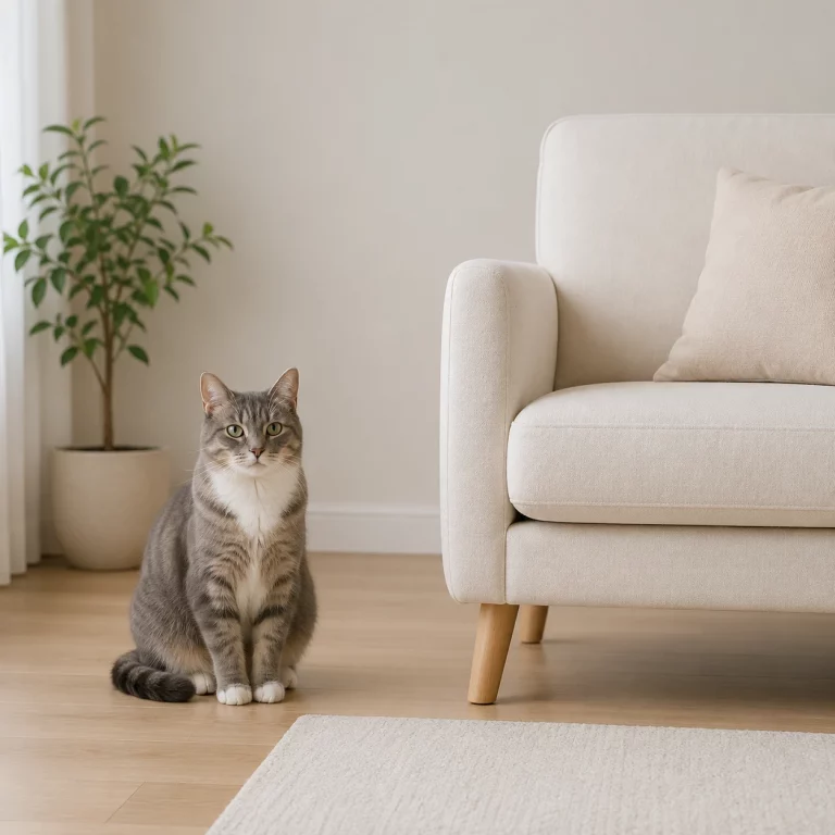Katze neben Stuhl bei Unsauberkeit ruhig einordnen