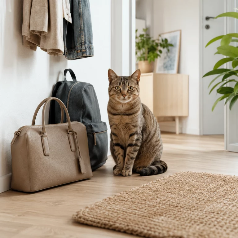 Katze neben Tasche und Rucksack im Flur