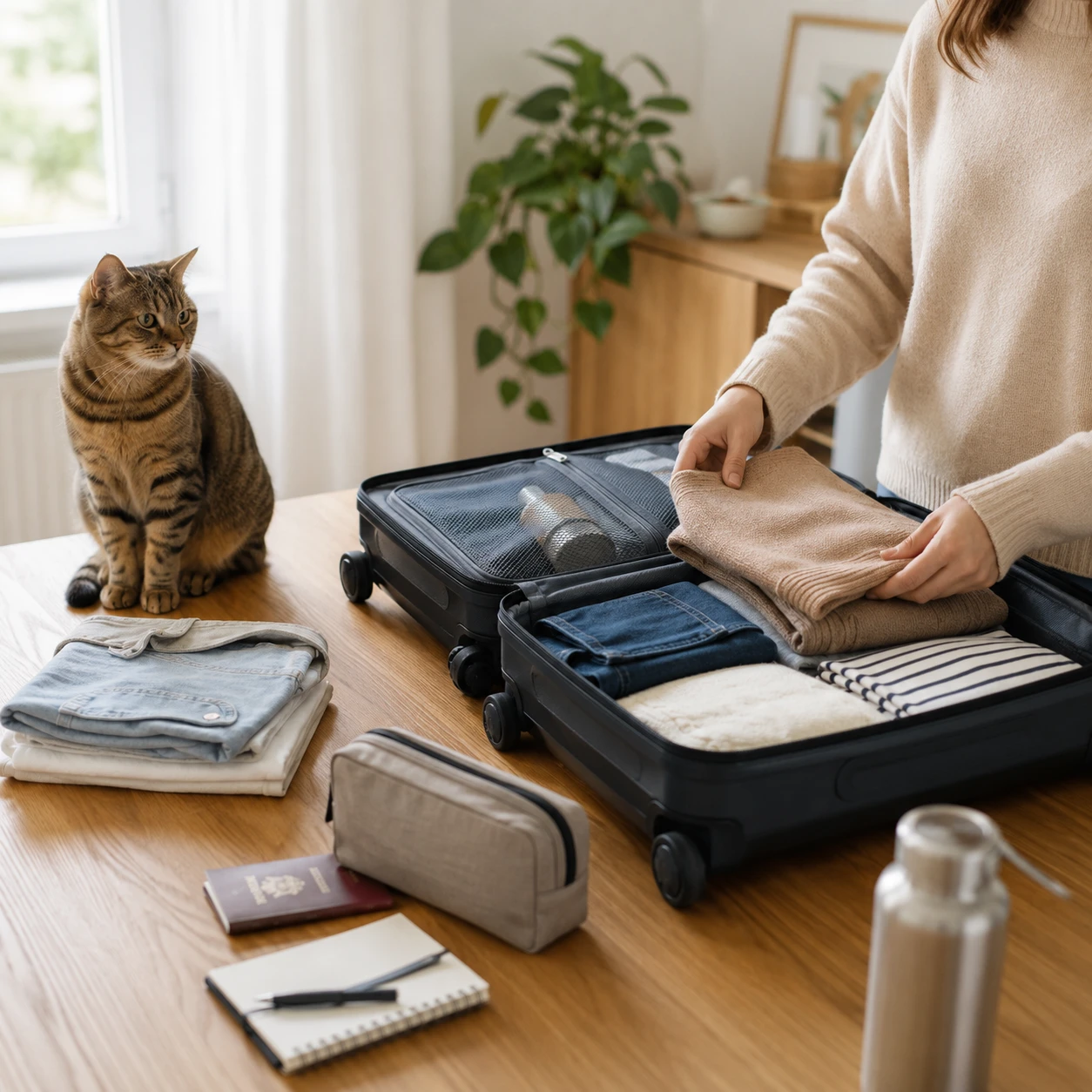 Koffer und Katze beim Packen als möglicher Stressauslöser