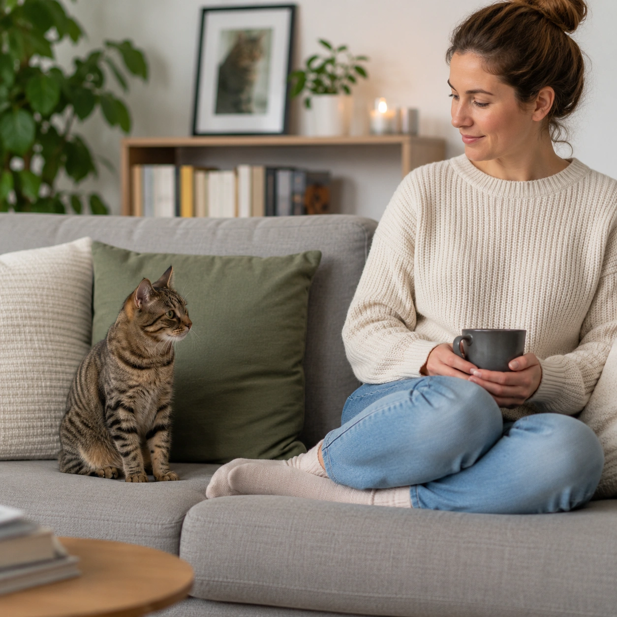 Katze neben ihrer Bezugsperson nach einem belastenden Vorfall