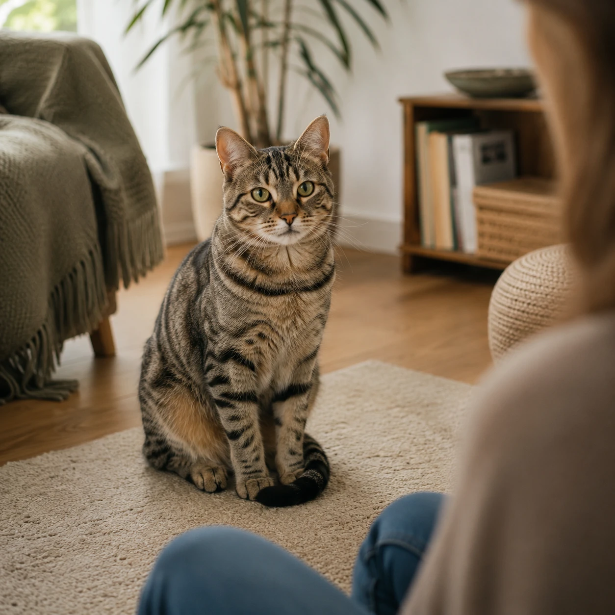 Katze starrt ihren Menschen mit ruhiger Körpersprache an