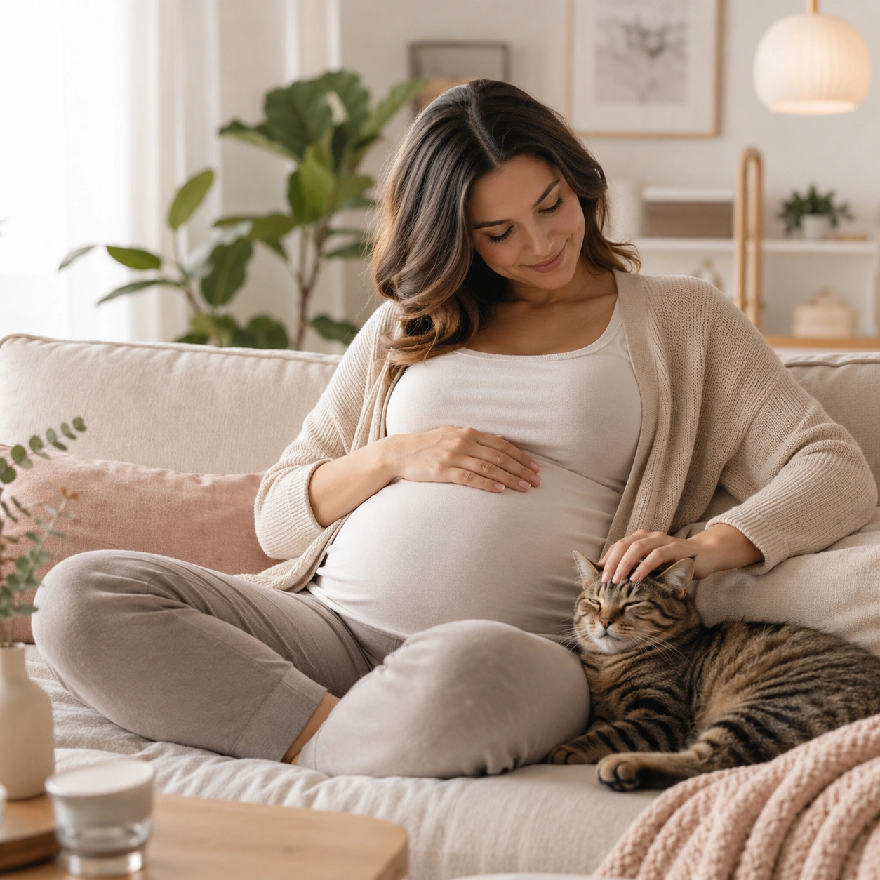 Entspanntes Zusammenleben von Katze und Schwangerer