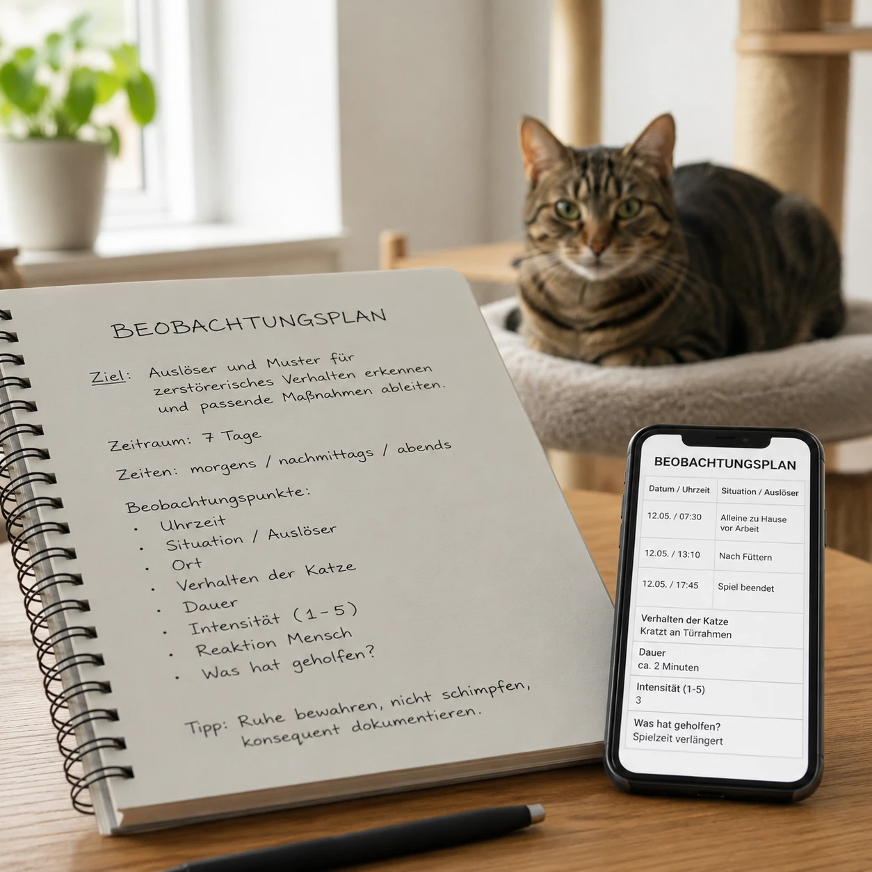 Beobachtungsplan bei zerstörerischem Verhalten der Katze