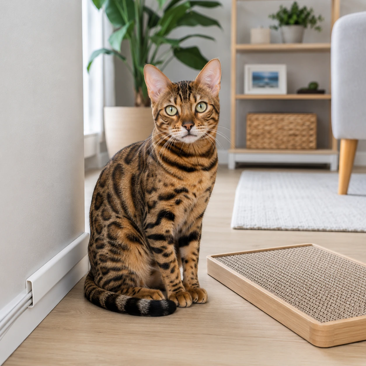 Katze in sicher vorbereiteter Wohnung mit Kabelschutz