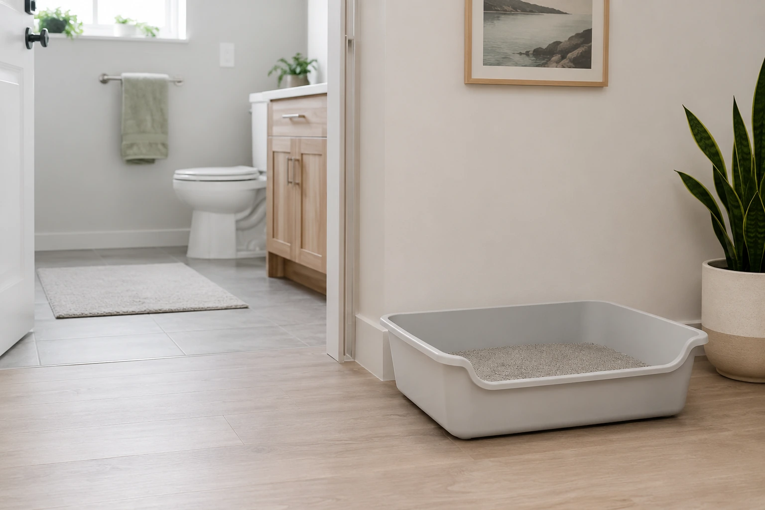 Offenes Katzenklo nahe der Badewanne