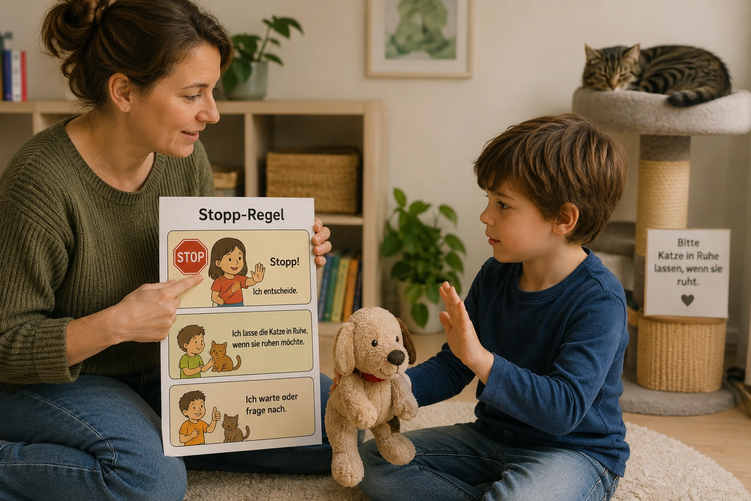 Kind lernt die Stopp-Regel für Begegnungen mit der Katze