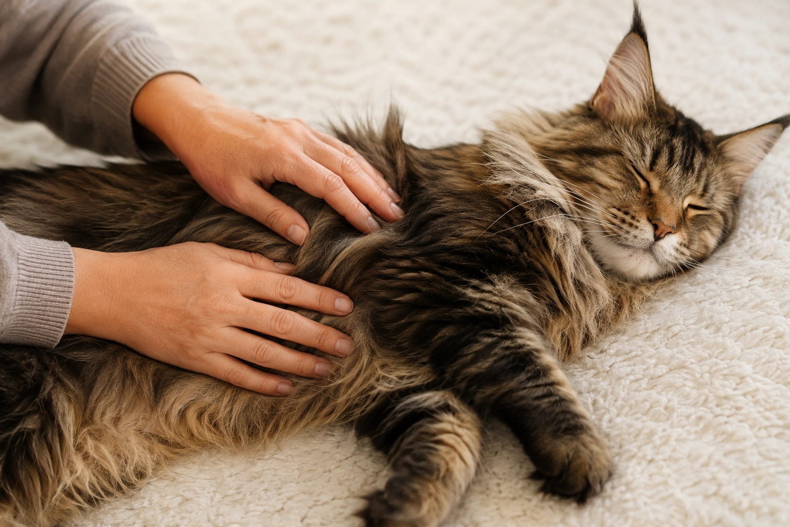 Rippen einer Maine Coon für den Body Condition Score ertasten