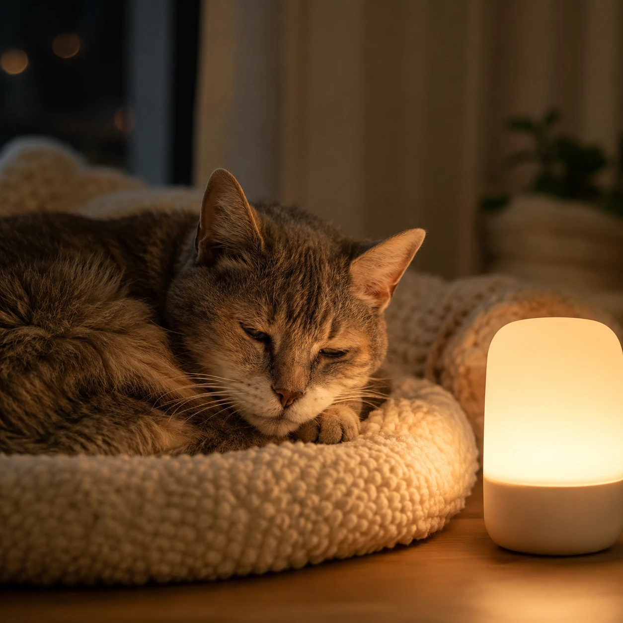 Ältere Katze findet mit Nachtlicht nachts zur Ruhe