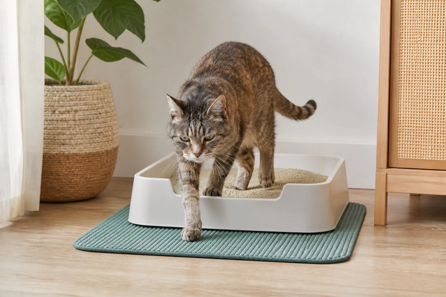 Alte Katze mit Arthrose beim Einstieg ins Katzenklo