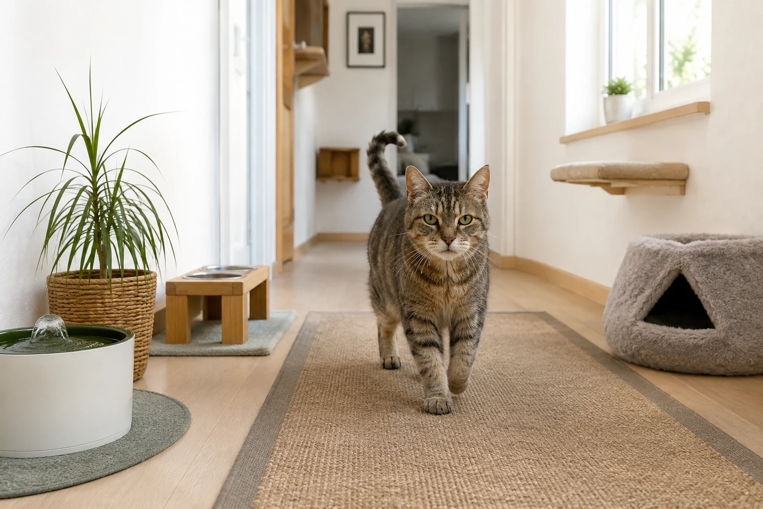 Alte Katze mit Orientierungshilfe in der Wohnung