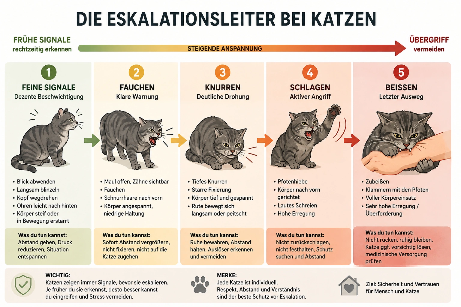 Eskalationsstufen der Katzensprache vom Signal bis zum Biss