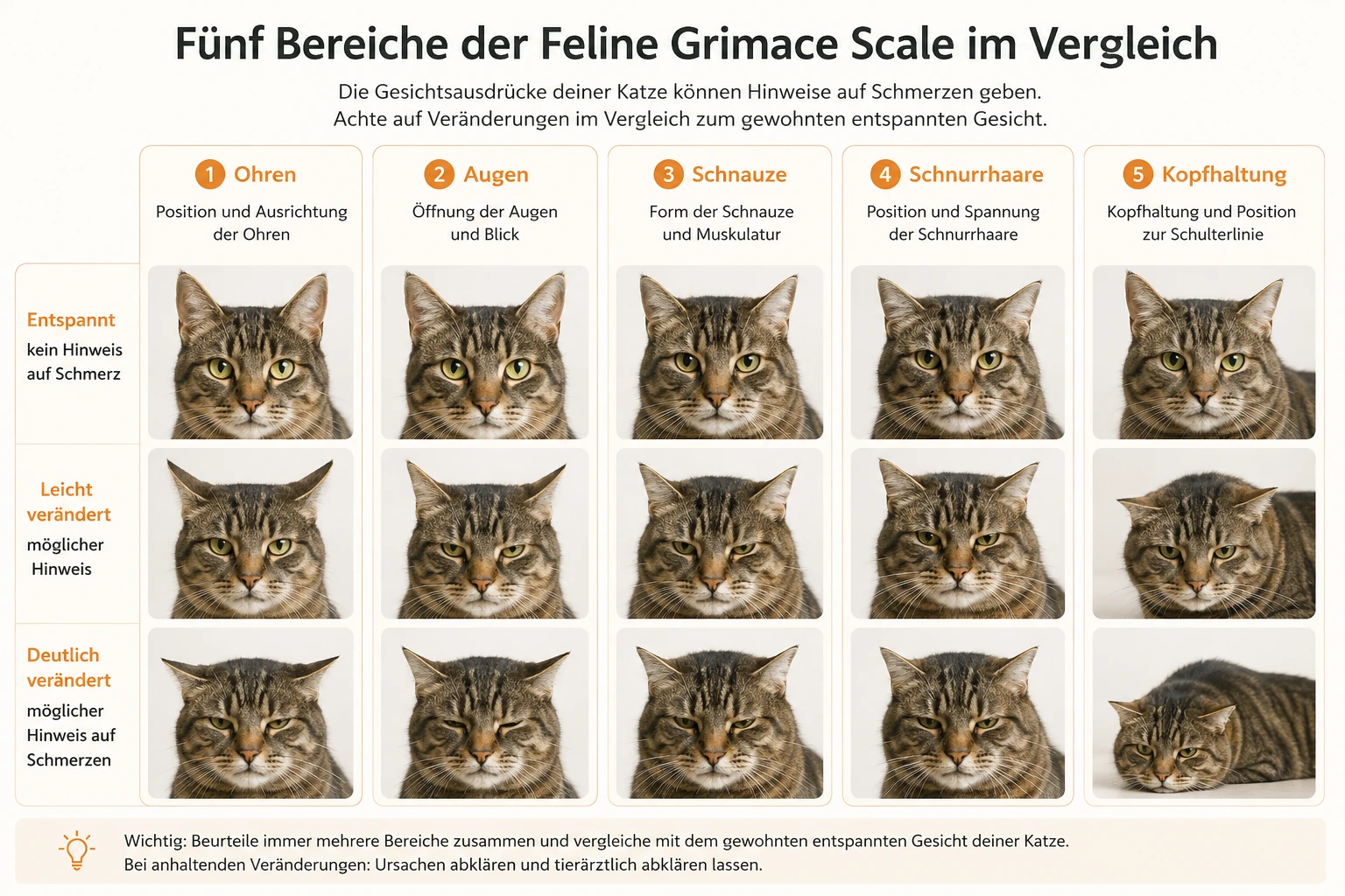 Feline Grimace Scale mit Ohren Augen Schnauze Schnurrhaaren und Kopfposition