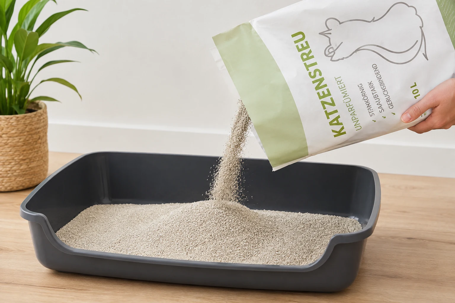 Frische Katzenstreu nach der Reinigung des Katzenklos