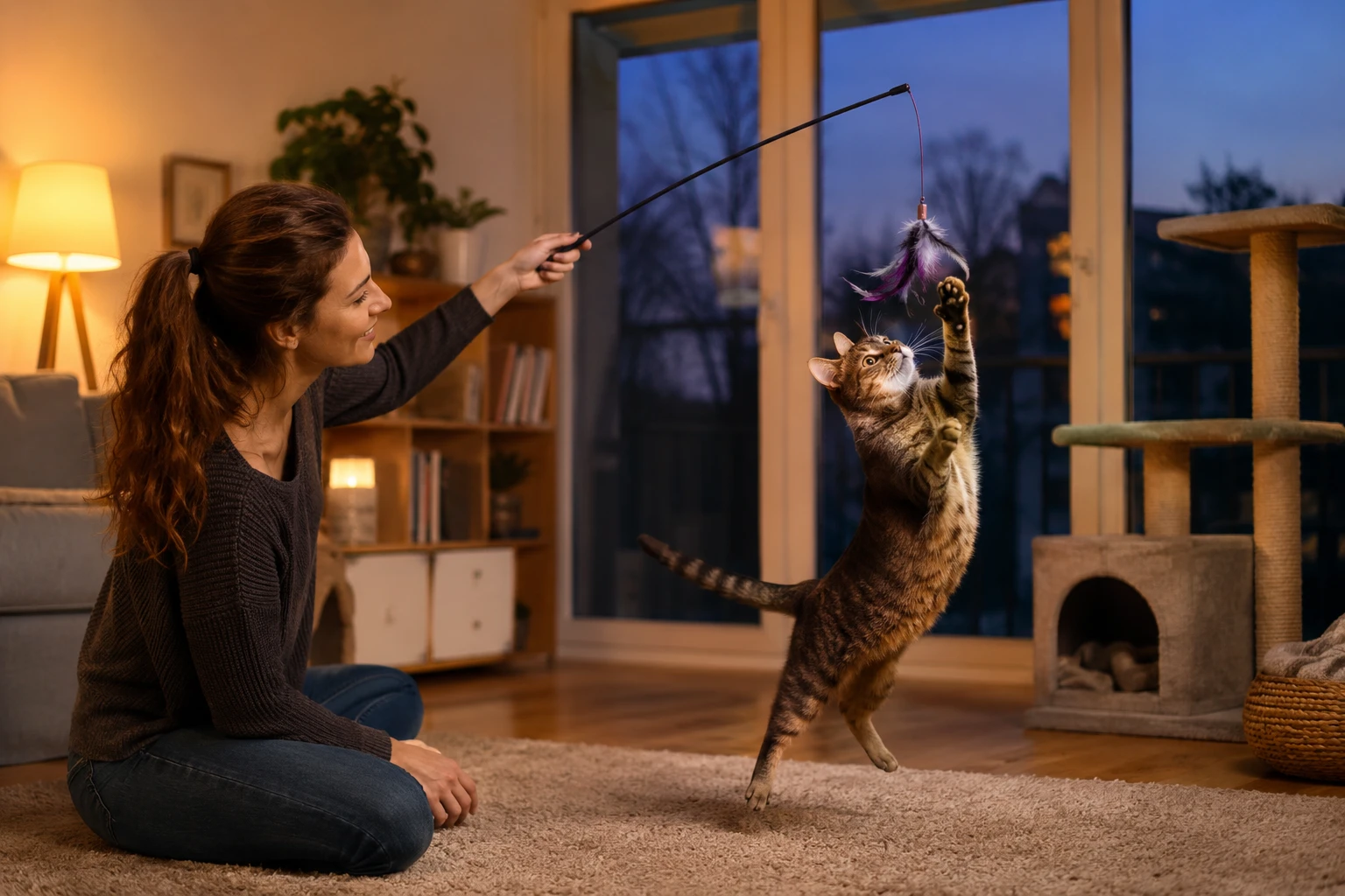 Katze wird am Abend mit Spiel ausgelastet