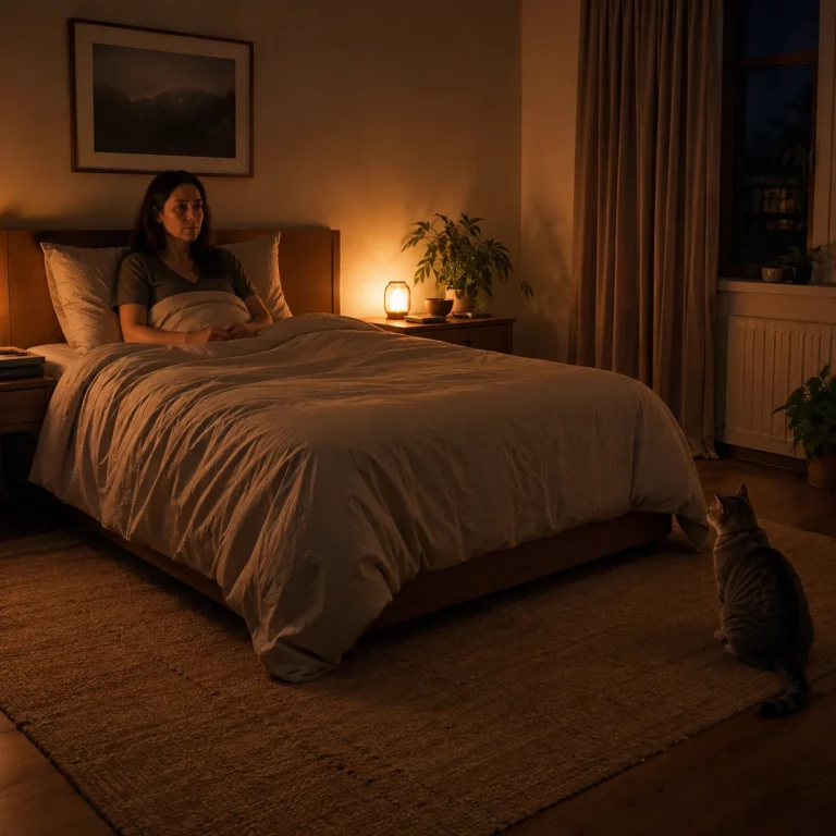 Katze am Fußende des Betts bei einer nächtlichen Konfliktsituation