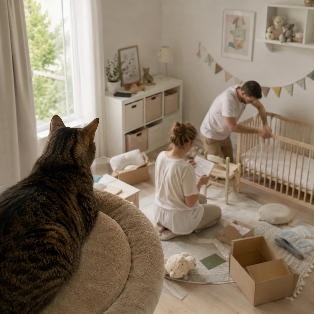 Katze beobachtet die Vorbereitung auf das Baby von einem erhöhten Platz