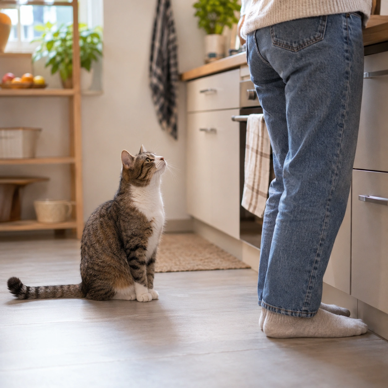 Katze bettelt ständig in der Küche um Futter