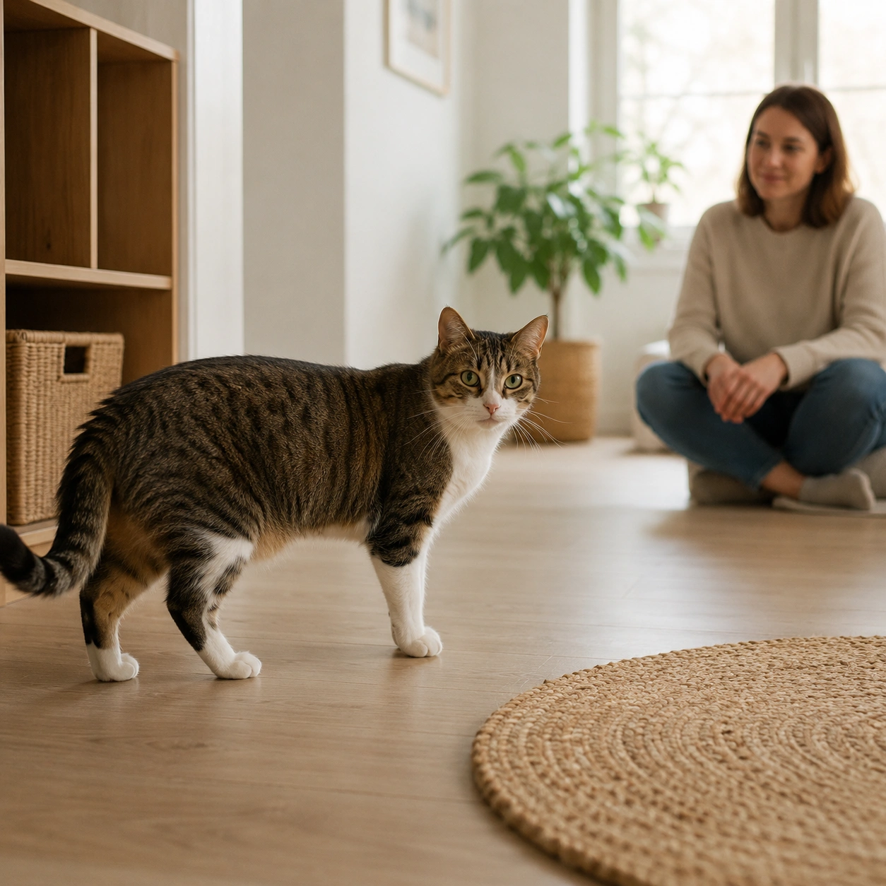Katze dreht sich im Kreis und wird ruhig beobachtet