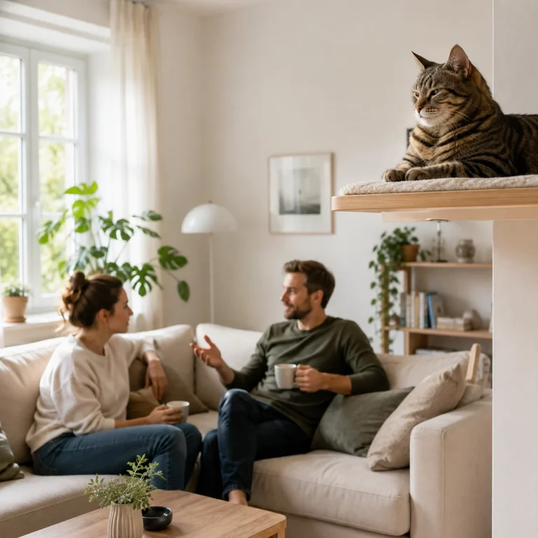 Katze wirkt eifersüchtig und beobachtet Menschen von einem sicheren Platz