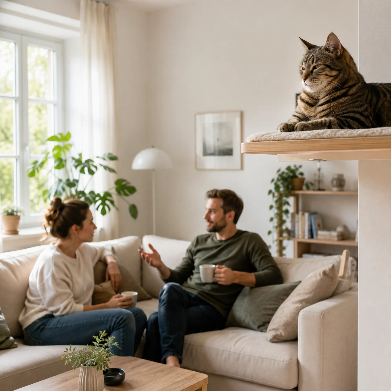 Katze wirkt eifersüchtig und beobachtet Menschen von einem sicheren Platz