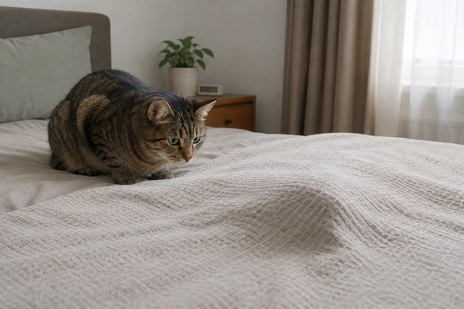 Katze beobachtet bewegte Füße unter der Bettdecke