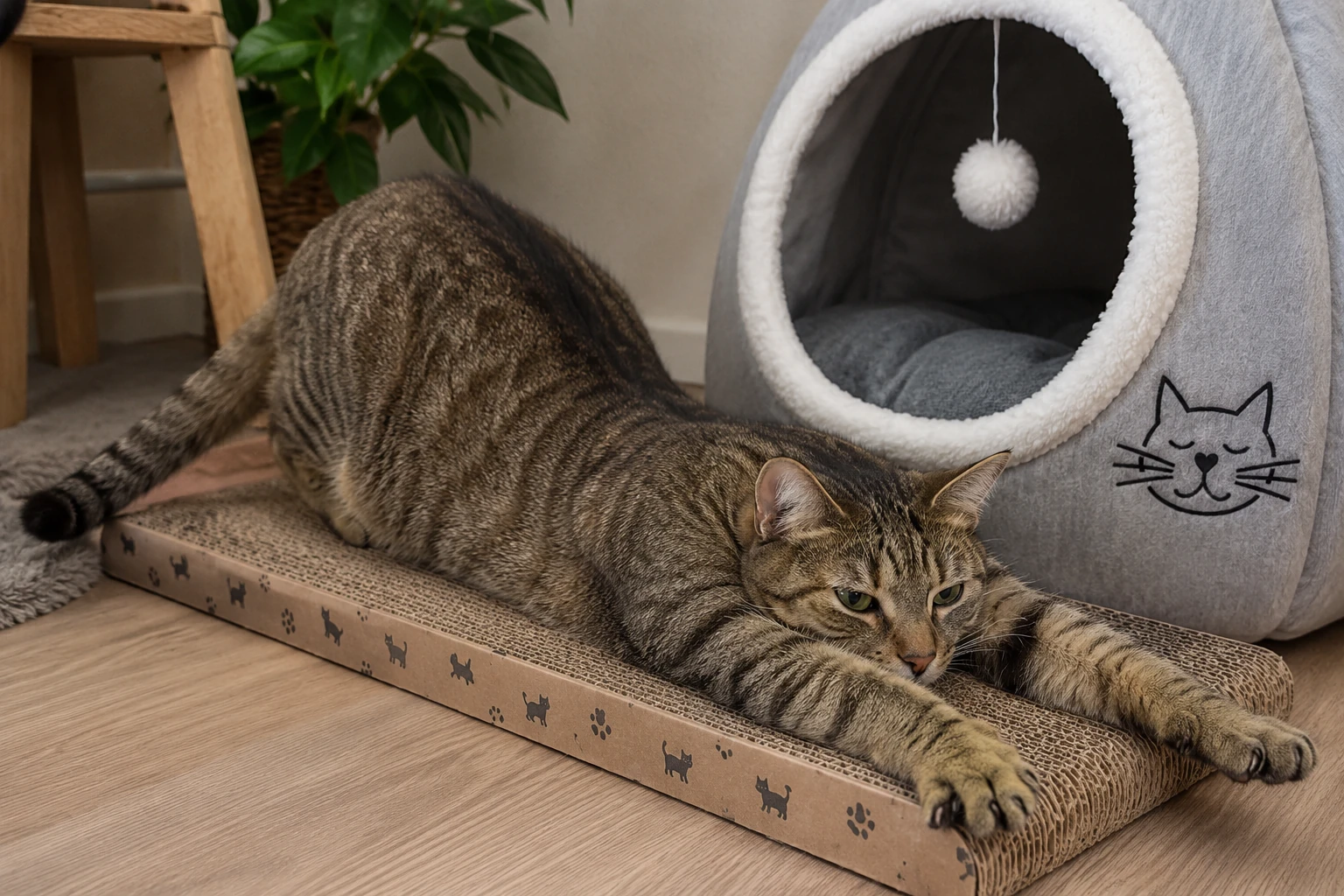 Katze kratzt horizontal auf Kratzpappe nach dem Schlafen