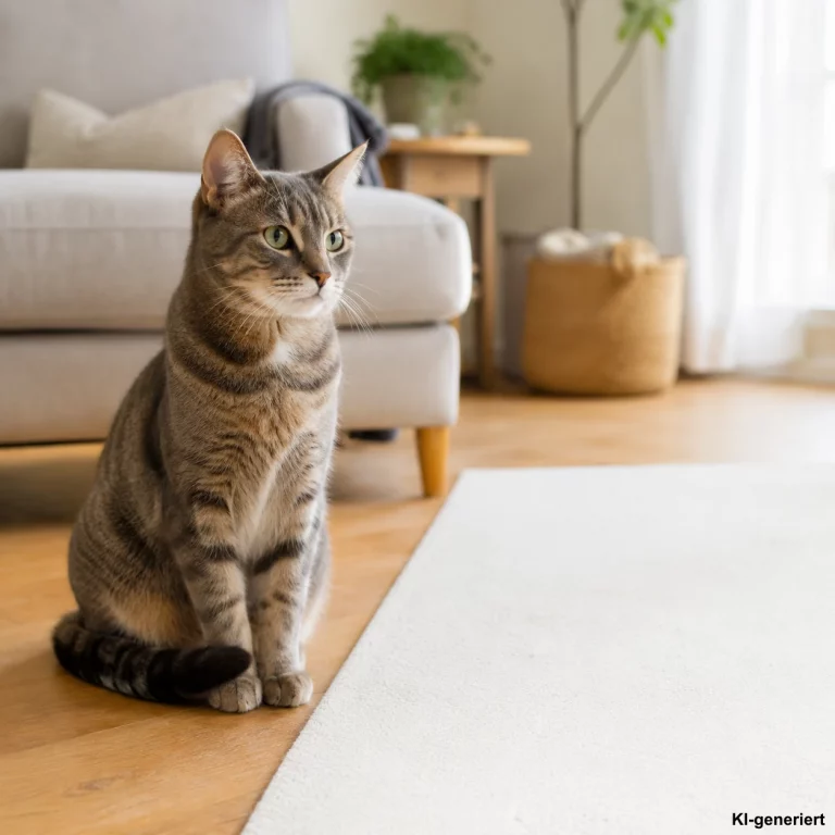 Katze sitzt neben einem hellen Teppich