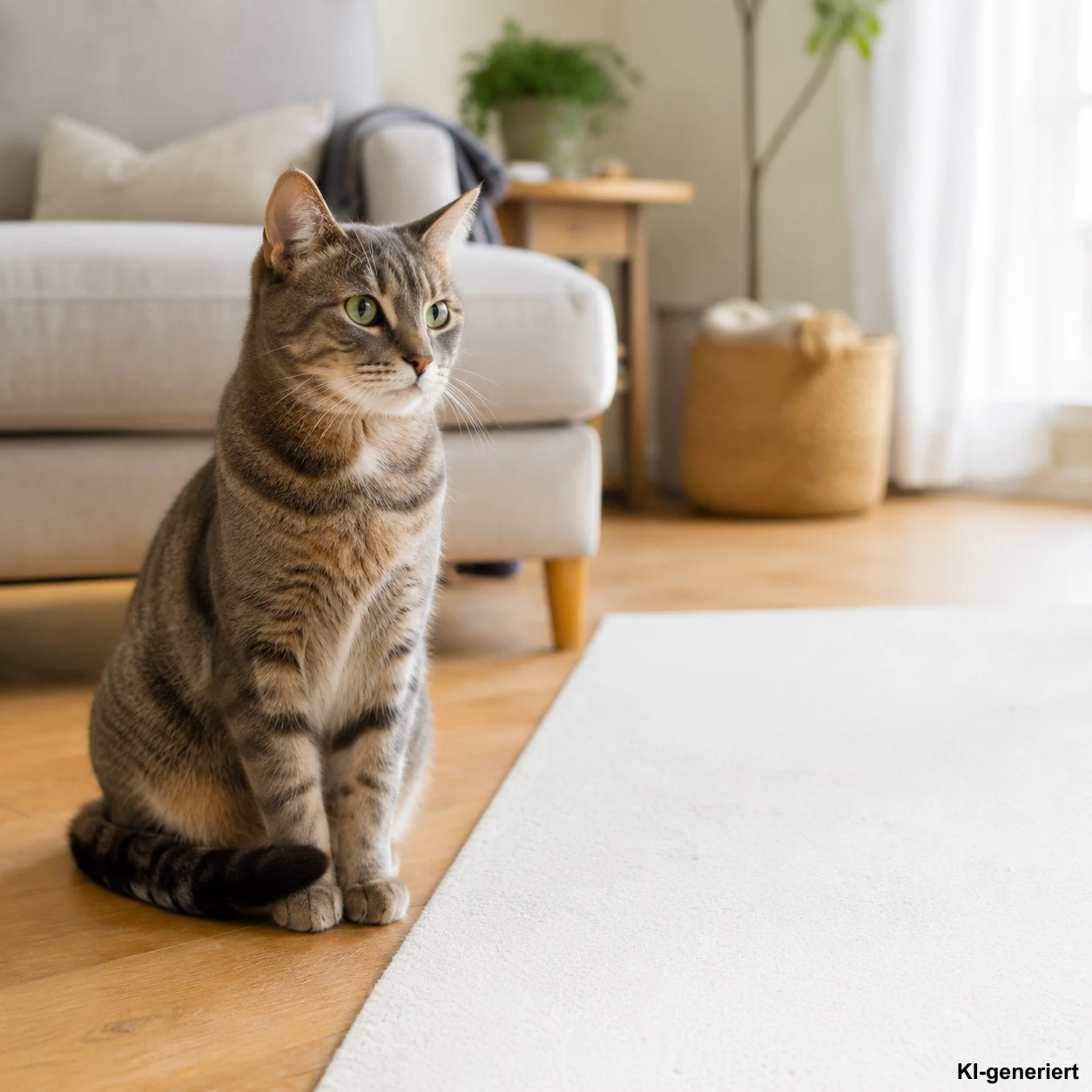 Katze sitzt neben einem hellen Teppich