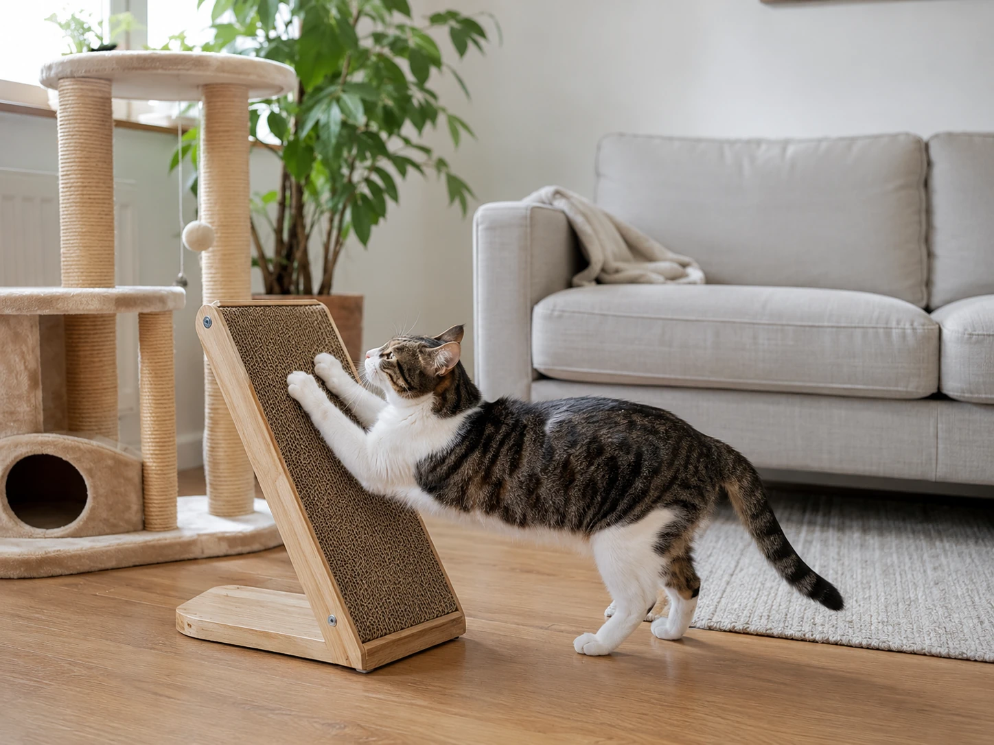 Katze nutzt passende Kratzfläche neben dem Sofa
