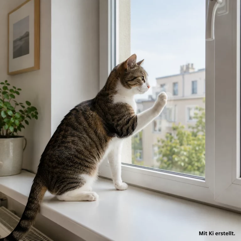 Katze berührt mit der Pfote eine Fensterscheibe