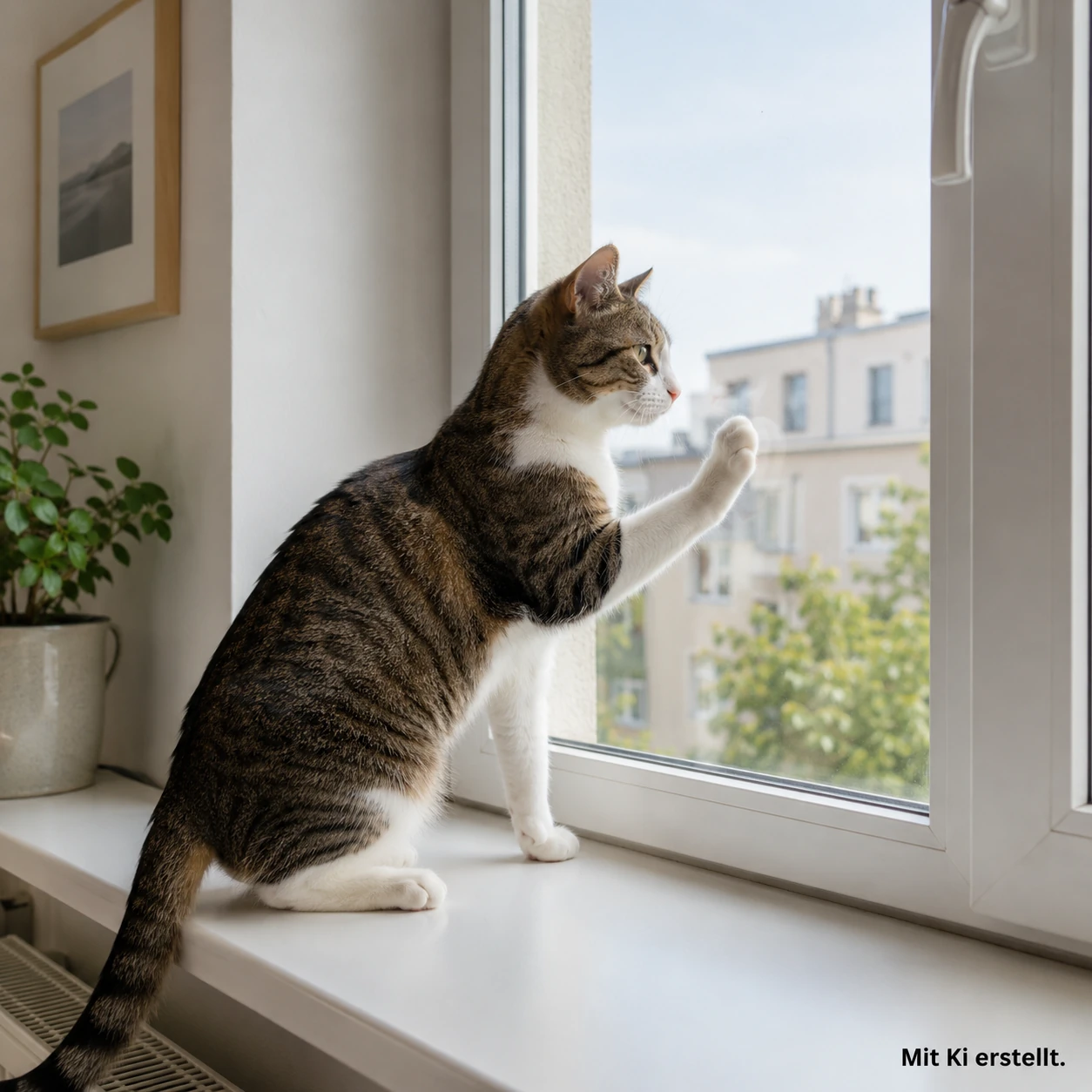 Katze berührt mit der Pfote eine Fensterscheibe