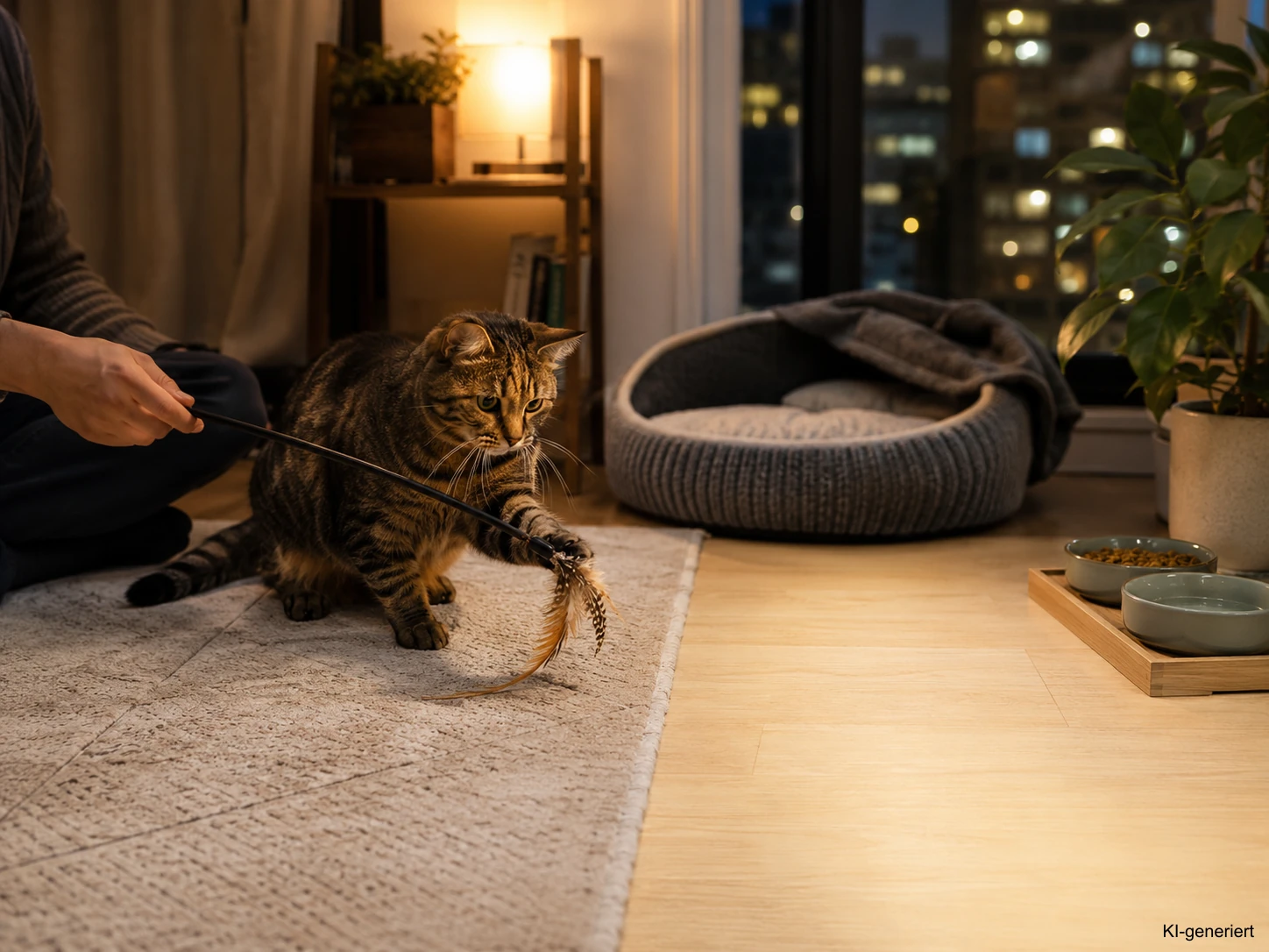 Nachtplan für eine Katze mit Spiel, Futter und Ruhe