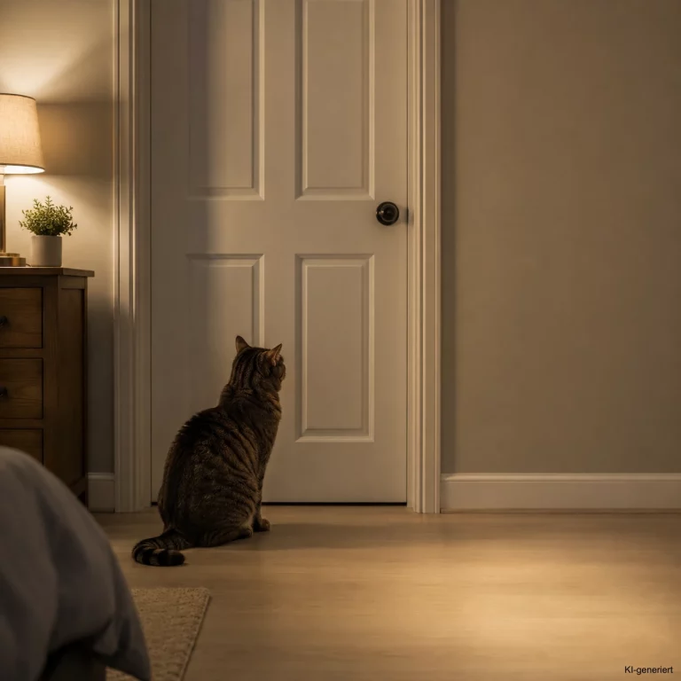 Katze sitzt nachts vor der Schlafzimmertür
