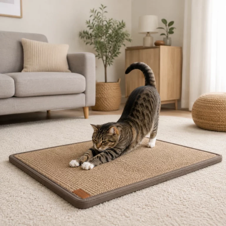 Katze nutzt horizontale Kratzmatte statt Teppich