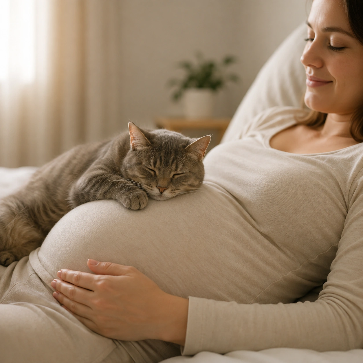 Katze liegt entspannt auf dem Babybauch