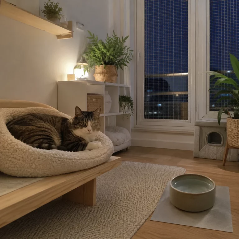 Sicherer Nachtbereich für eine Katze mit Schlafplatz und Wasser