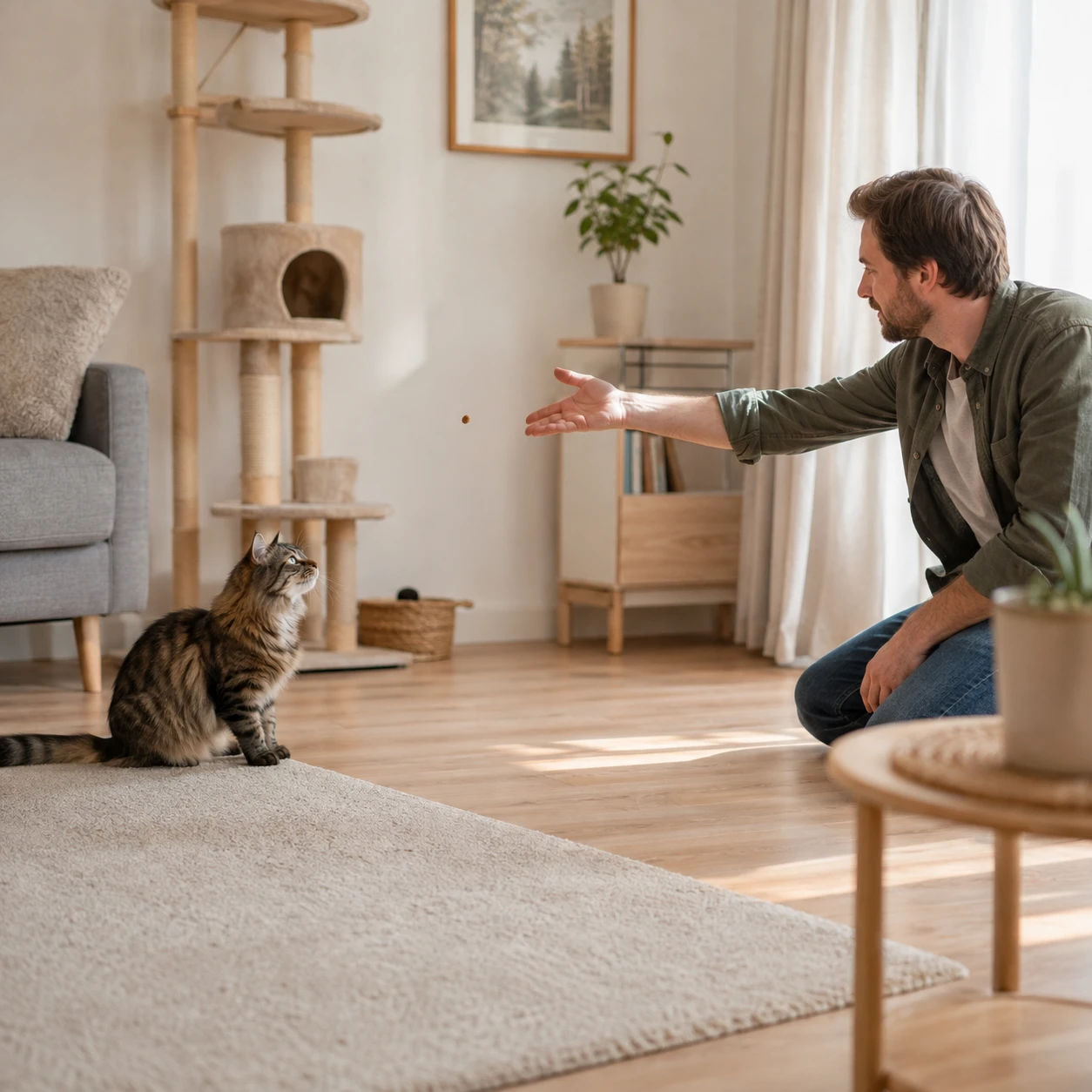 Partner baut freiwilligen positiven Kontakt zur Katze auf
